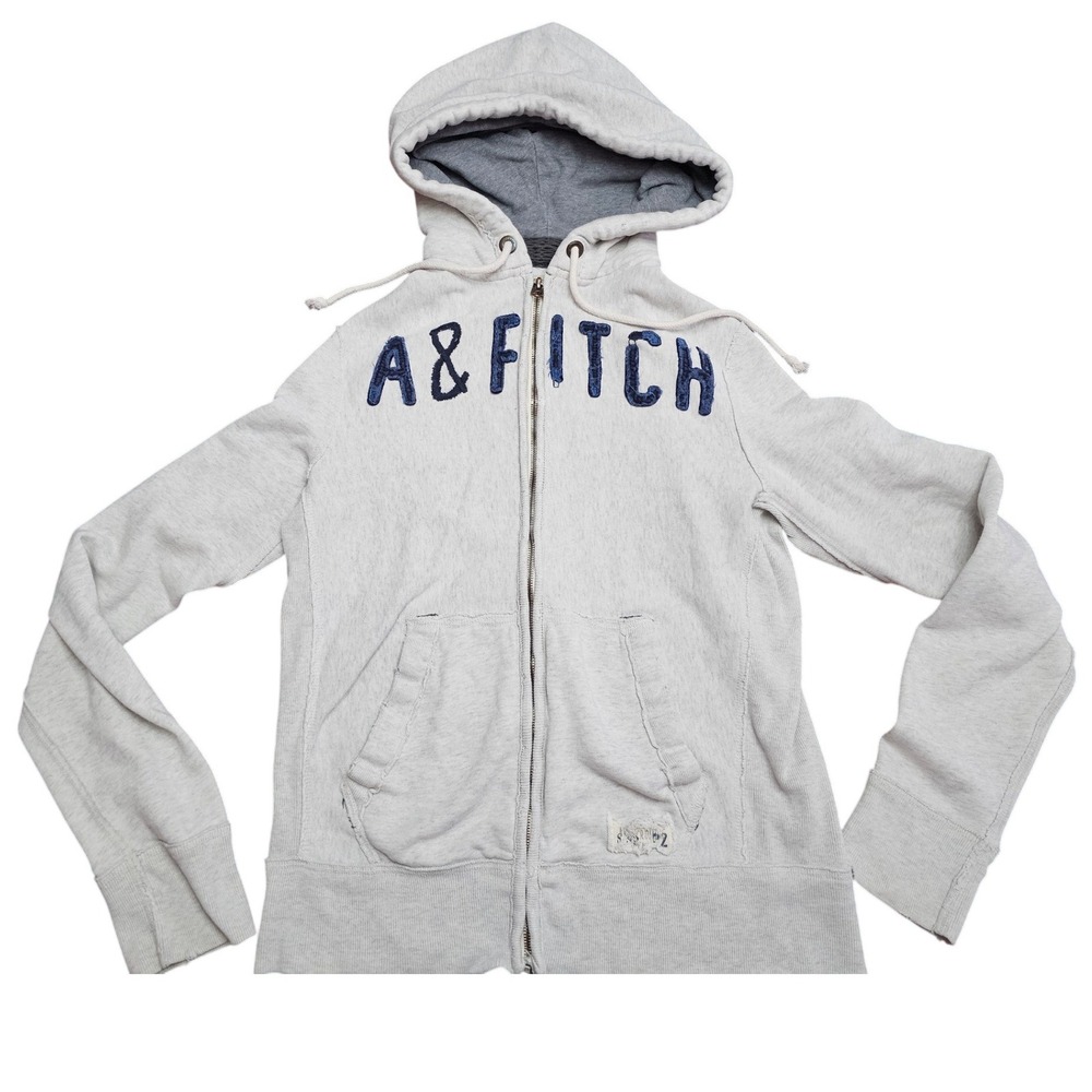 Abercrombie & Fitch Mens Large Gray Full Zip Hoodie‎ Distressed Logo Sweatshirt